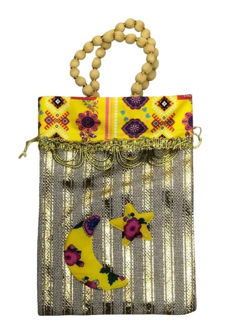 حقيبة حق الليلة، حقيبة مزخرفة ذهبية وصفراء بمقبض مطرز بالخرز، بتصميم هلال ونجمة، 16 × 22 سم، 12 قطعة - Image 1